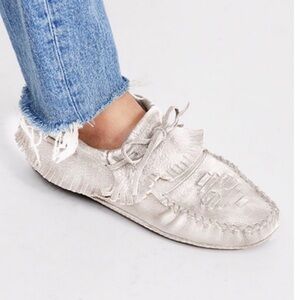 Free People Tan Moccasins with Fringe and Hand-Stitching